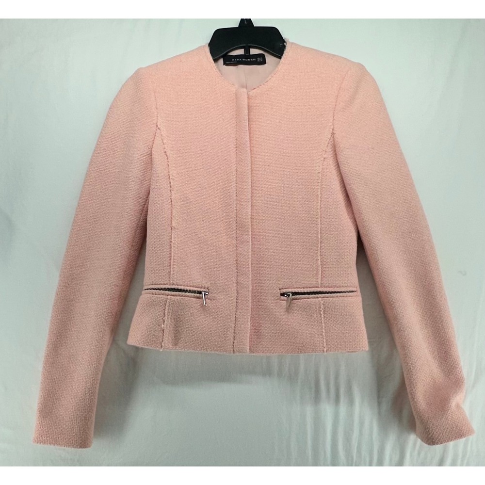 Zara Woman Pink Tweed Boucle Blazer Jacket Zip Pocket Collarless XS